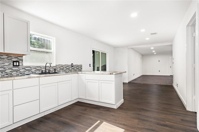 kitchen featuring backsplash, dark wood-type flooring, sink, white cabinetry, and kitchen peninsula