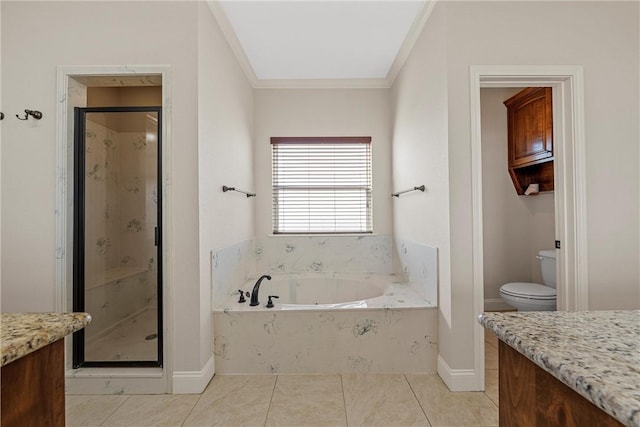 full bathroom with tile patterned floors, vanity, shower with separate bathtub, toilet, and ornamental molding