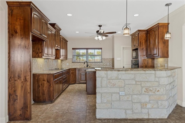 kitchen with ornamental molding, sink, light stone counters, and black appliances