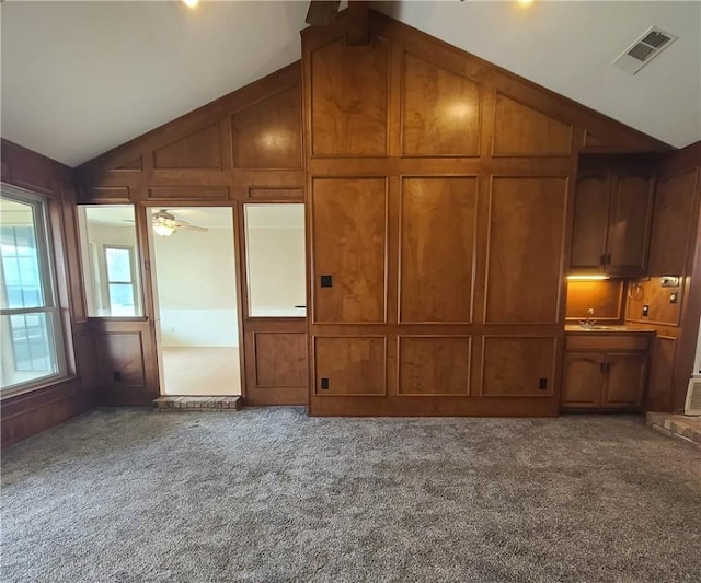 interior space with vaulted ceiling, carpet flooring, and a healthy amount of sunlight