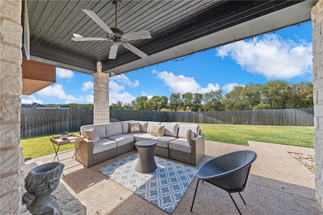 view of patio / terrace with a fenced backyard, ceiling fan, and outdoor lounge area