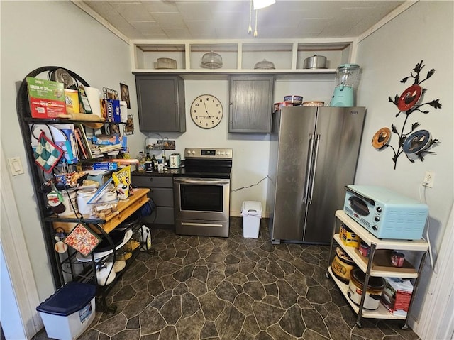 kitchen with open shelves, gray cabinets, and stainless steel appliances