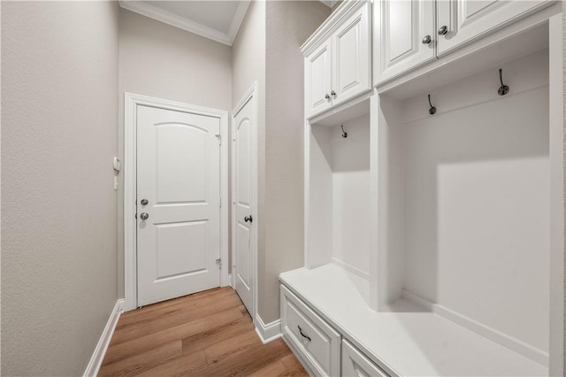 mudroom with crown molding and light hardwood / wood-style flooring