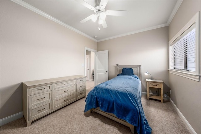 bedroom with ceiling fan, light carpet, and ornamental molding