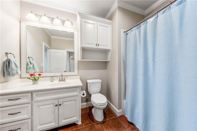 bathroom with vanity, tile patterned flooring, crown molding, and a shower with shower curtain