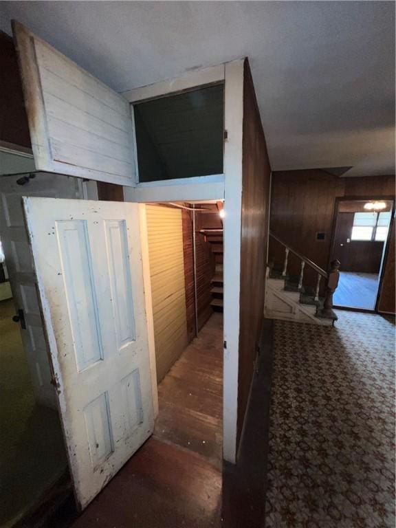 hallway featuring wooden walls