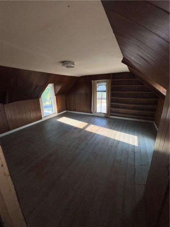 bonus room featuring wood-type flooring, lofted ceiling, and a healthy amount of sunlight