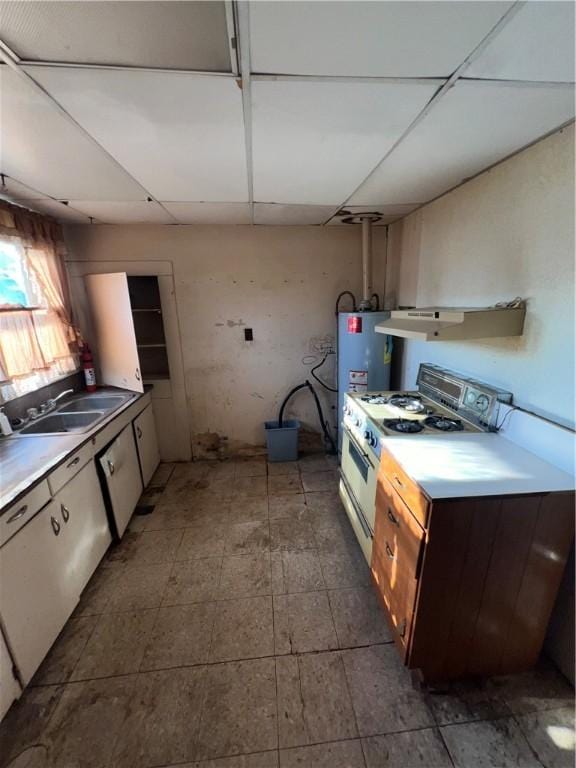 kitchen featuring white range with gas stovetop, sink, and water heater