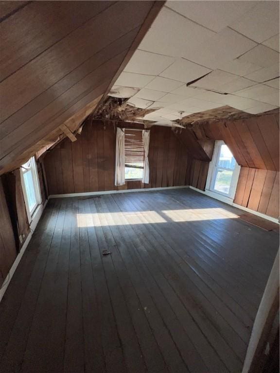 additional living space with wooden walls, dark hardwood / wood-style flooring, and vaulted ceiling