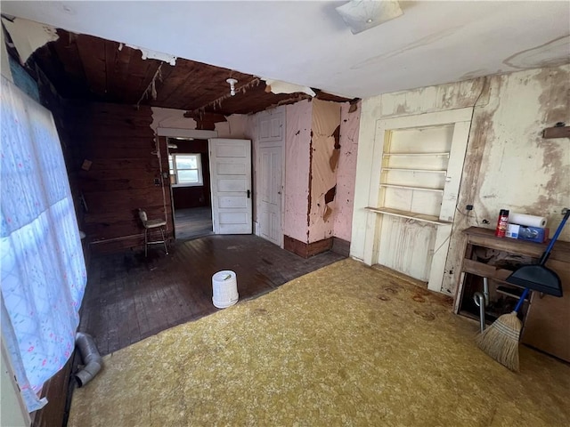 interior space featuring wooden walls and dark wood-type flooring