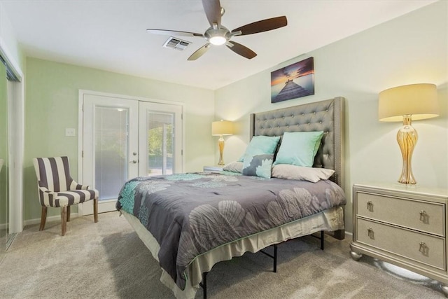 bedroom featuring carpet flooring, ceiling fan, access to exterior, and french doors