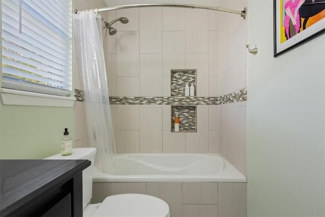 bathroom with toilet and shower / tub combo with curtain