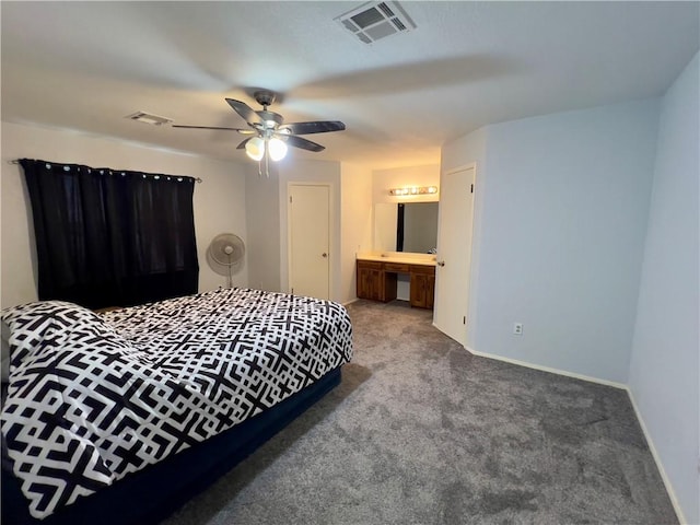 bedroom featuring connected bathroom, ceiling fan, and carpet floors