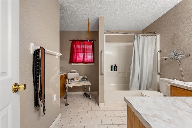 full bathroom with tile patterned floors, shower / tub combo with curtain, toilet, a textured ceiling, and vanity