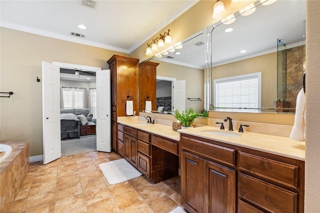 bathroom featuring visible vents, ensuite bath, crown molding, and a sink