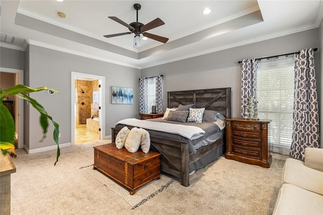 bedroom with light carpet, visible vents, a raised ceiling, and ornamental molding