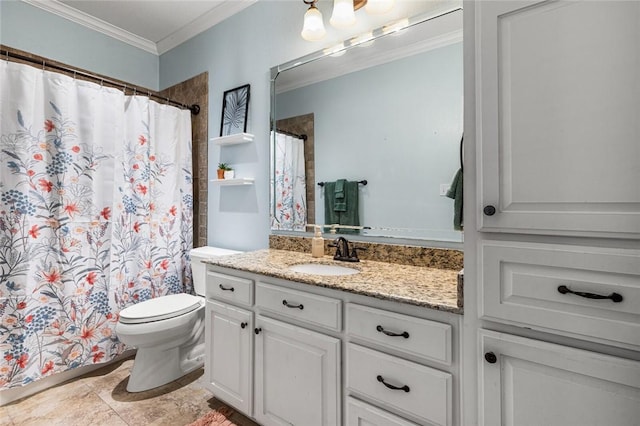 full bathroom with curtained shower, vanity, toilet, and crown molding