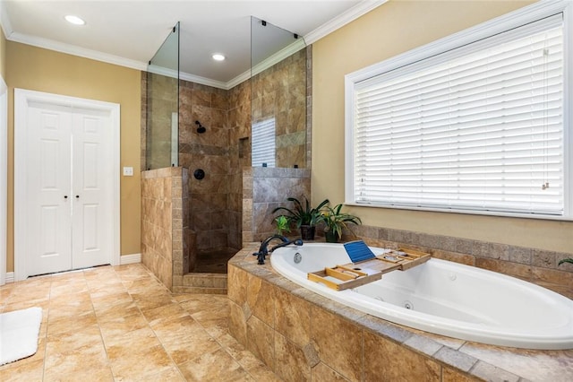 full bath with a walk in shower, baseboards, a garden tub, ornamental molding, and recessed lighting