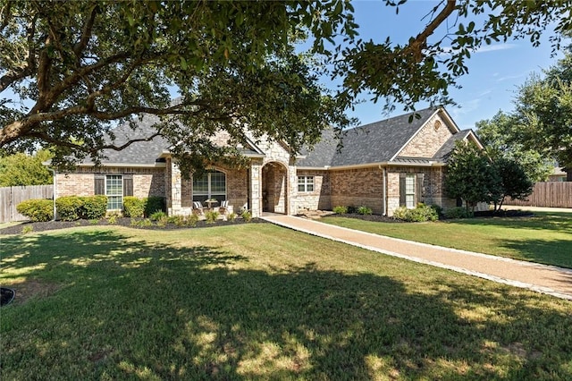 view of front facade featuring a front yard, fence, brick siding, and roof with shingles