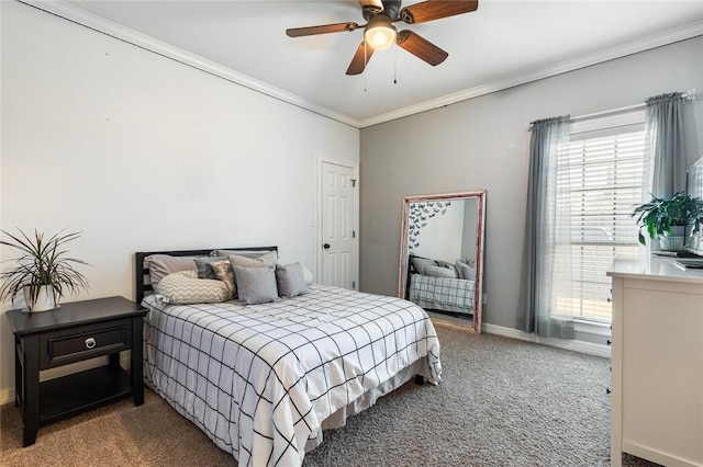 bedroom with carpet flooring, multiple windows, crown molding, and baseboards