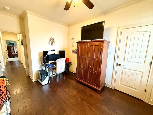 home office with dark hardwood / wood-style flooring, ornamental molding, and ceiling fan