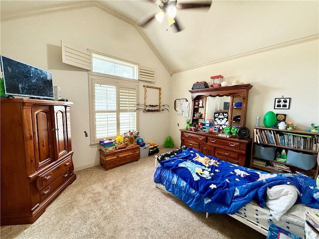 bedroom with vaulted ceiling, light colored carpet, and ceiling fan