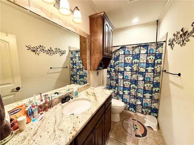 bathroom with vanity, ornamental molding, a shower with curtain, tile patterned floors, and toilet