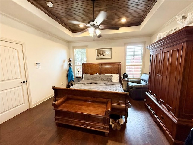 bedroom featuring crown molding, wood ceiling, and a tray ceiling