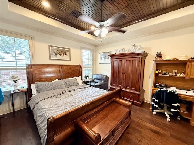 bedroom with wood ceiling, dark hardwood / wood-style floors, a raised ceiling, and ceiling fan