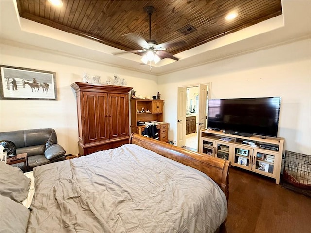 bedroom featuring crown molding, wood ceiling, a tray ceiling, and dark wood-type flooring