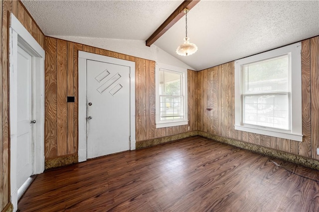 entrance foyer featuring a textured ceiling, dark hardwood / wood-style flooring, plenty of natural light, and wood walls