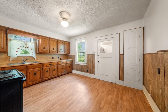 kitchen featuring light wood-type flooring, a textured ceiling, electric range, and sink