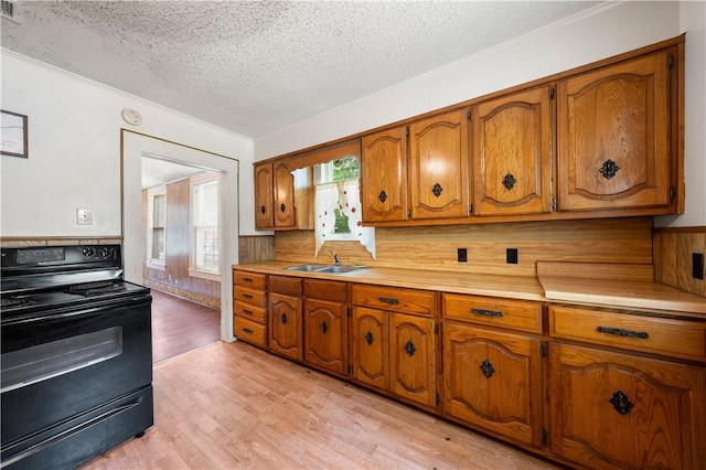 kitchen featuring sink, black / electric stove, wood walls, light hardwood / wood-style floors, and a textured ceiling