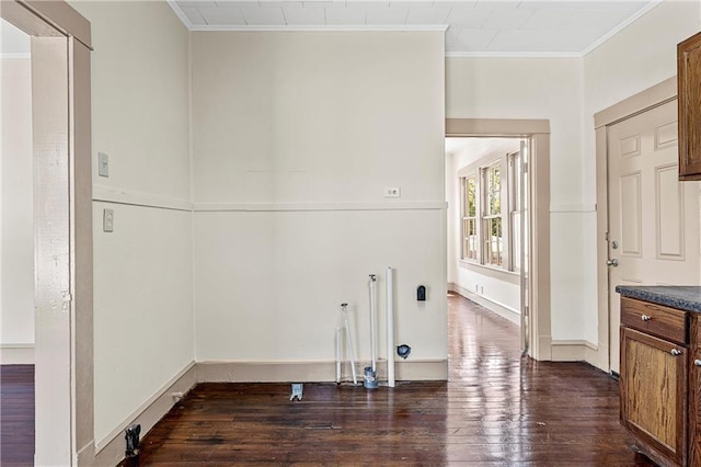 washroom with crown molding and dark wood-type flooring