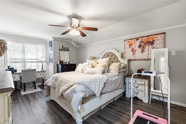 bedroom with ceiling fan, dark hardwood / wood-style flooring, crown molding, and lofted ceiling