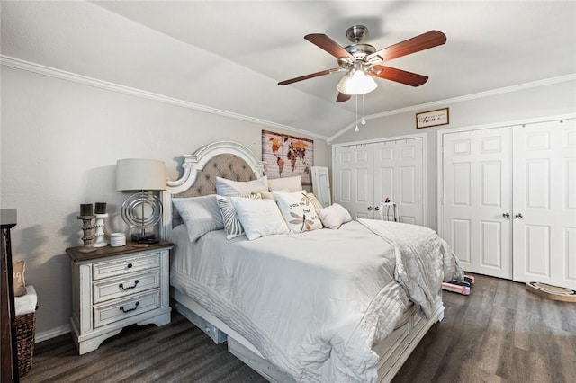 bedroom featuring ceiling fan, lofted ceiling, dark wood-type flooring, and ornamental molding