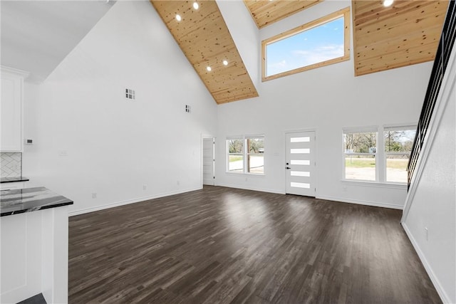 unfurnished living room featuring recessed lighting, visible vents, dark wood-style flooring, and baseboards