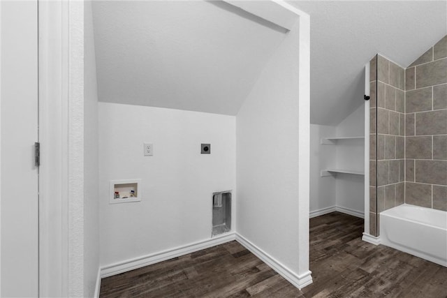 laundry area featuring electric dryer hookup, a textured ceiling, baseboards, hookup for a washing machine, and dark wood-style flooring