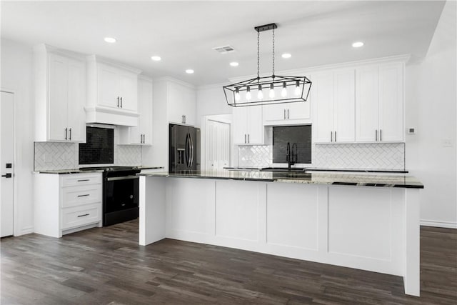 kitchen with custom exhaust hood, white cabinetry, black appliances, and dark wood-style flooring