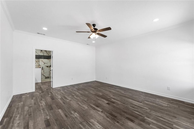 empty room with baseboards, recessed lighting, ceiling fan, dark wood-type flooring, and crown molding