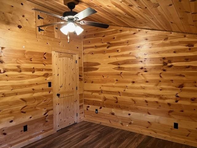 empty room with ceiling fan, hardwood / wood-style flooring, wooden ceiling, lofted ceiling, and wood walls