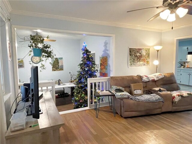 living room with wood-type flooring, ornamental molding, and ceiling fan