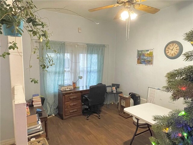 office space with hardwood / wood-style floors and ceiling fan