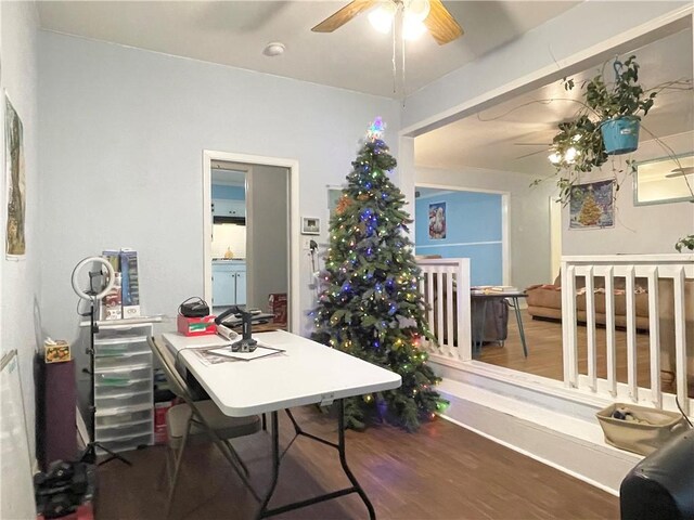 home office with ceiling fan and wood-type flooring