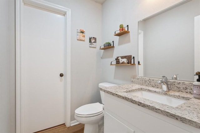 bathroom with toilet, vanity, and wood finished floors