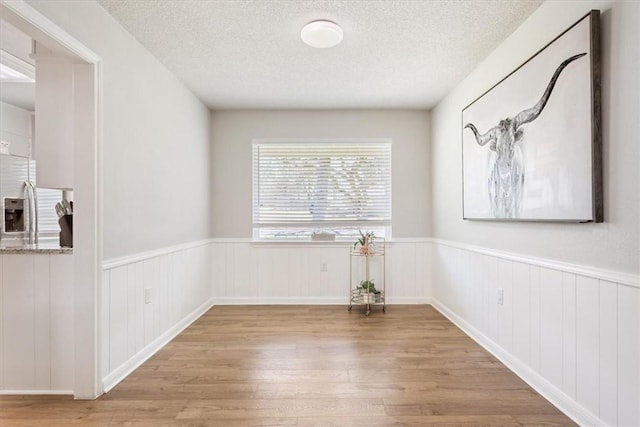 spare room featuring a textured ceiling, wood finished floors, and wainscoting