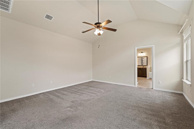 unfurnished room featuring ceiling fan, high vaulted ceiling, and light colored carpet