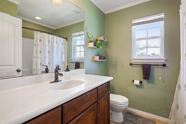 full bathroom featuring toilet, plenty of natural light, visible vents, and ornamental molding