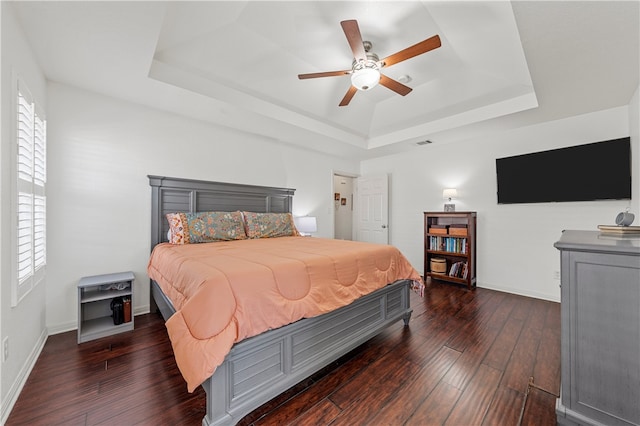 bedroom with a tray ceiling, hardwood / wood-style flooring, and multiple windows