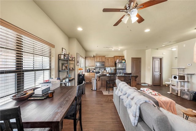 dining area with ceiling fan, rail lighting, and dark hardwood / wood-style flooring